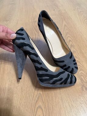 Prada Gray and Black Suede Wave-Pattern Stiletto Pumps